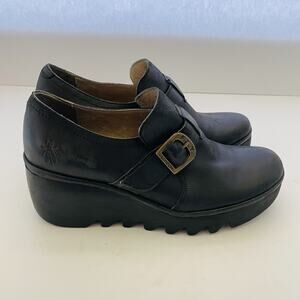 EUC Fly London Belk Wedge Platform Shoes EU 39-US 8 Black Leather Buckle Y2K